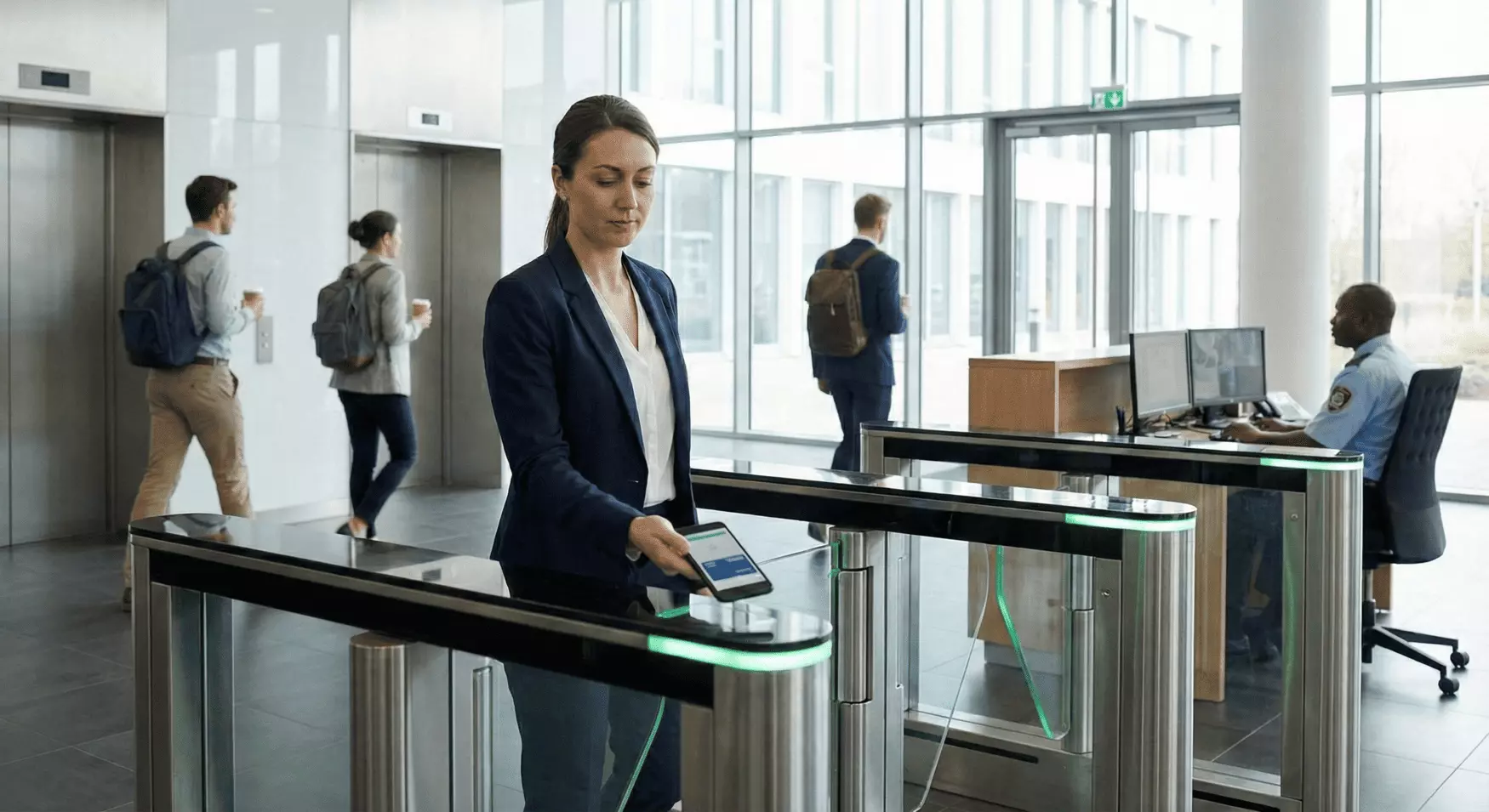 Femme en costume utilisant une borne d'accès dans un hall d'immeuble moderne avec plusieurs personnes en arrière-plan.