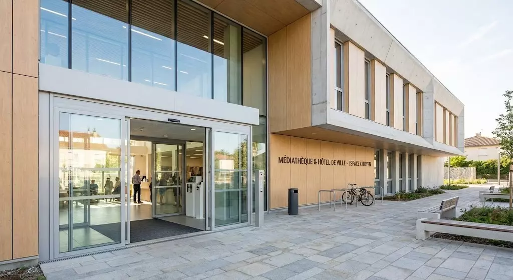 Entrée moderne d'un bâtiment avec de grandes baies vitrées et un panneau indiquant "Médiathèque & Hôtel de Ville - Espa