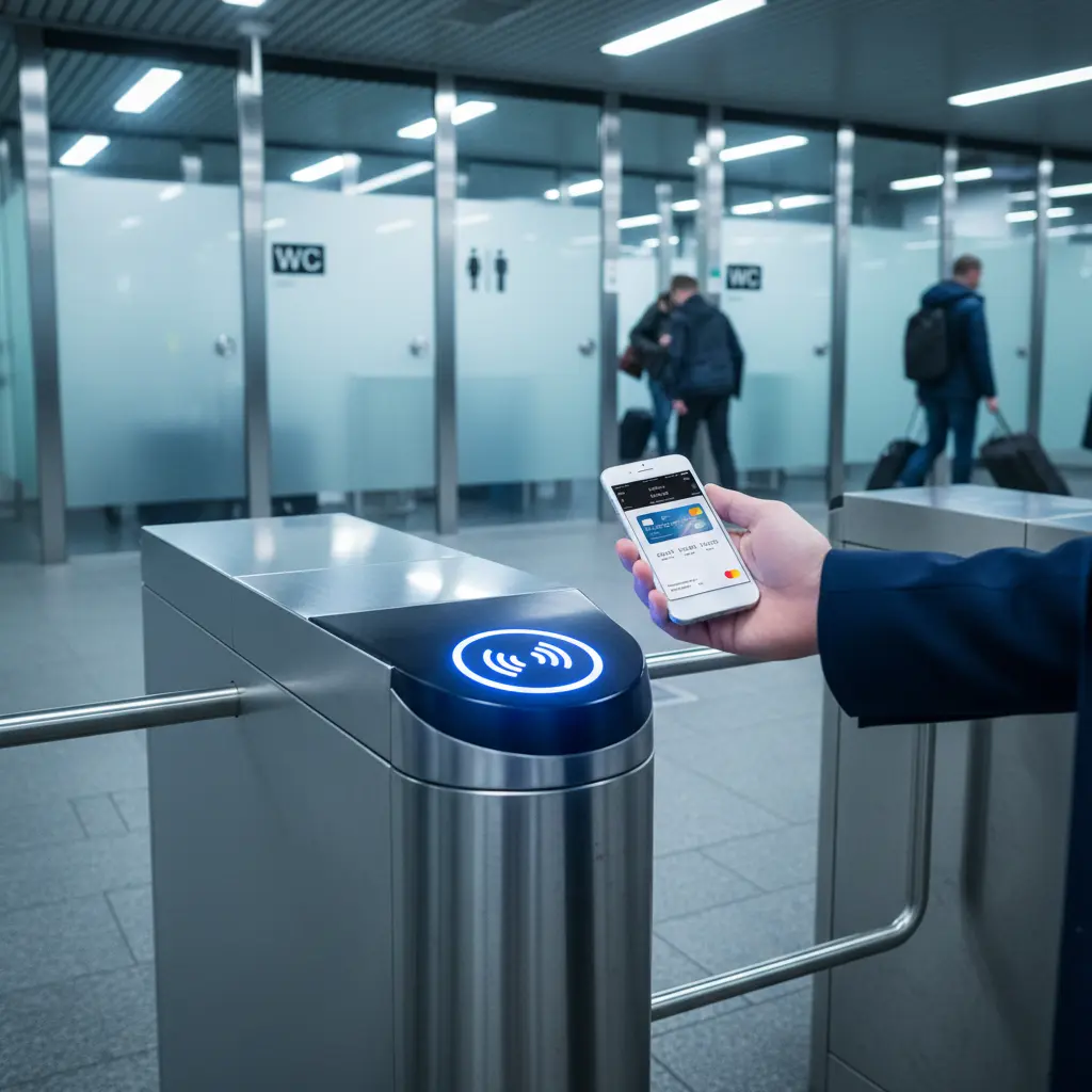 Utilisateur scanne badge numérique sur tourniquet de contrôle d’accès avec smartphone, gare ou aéroport.